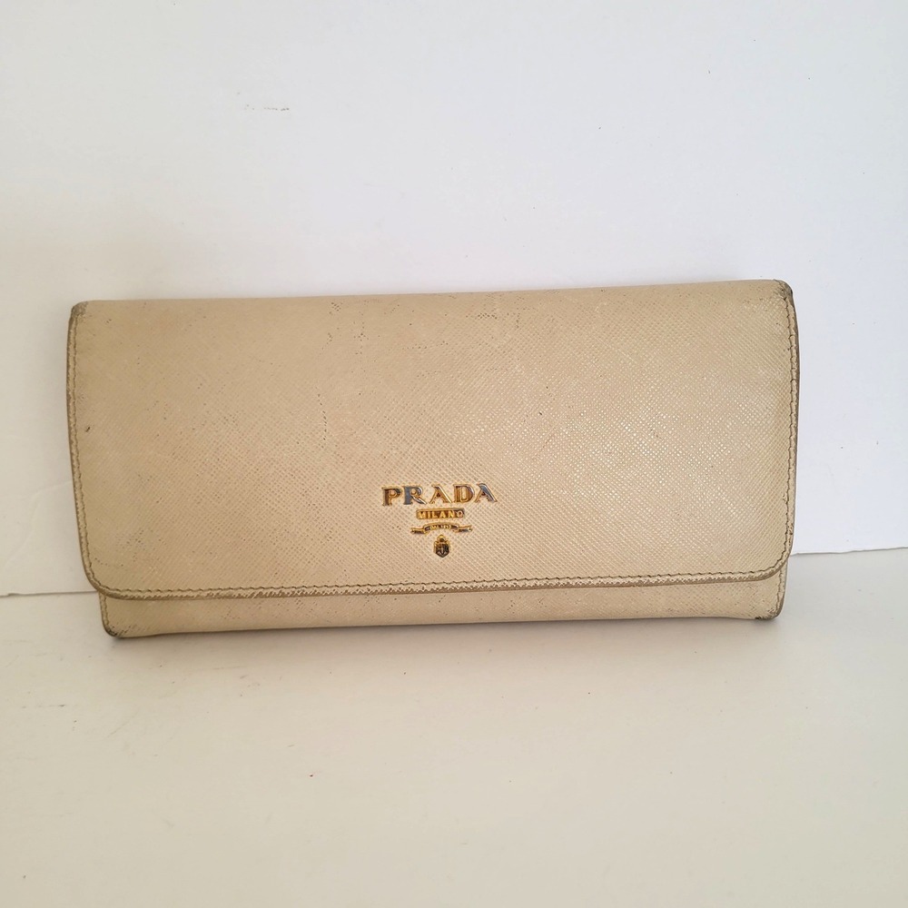 Prada Milano White Saffiano Leather‎ Continental Flap Wallet Gold Logo Large